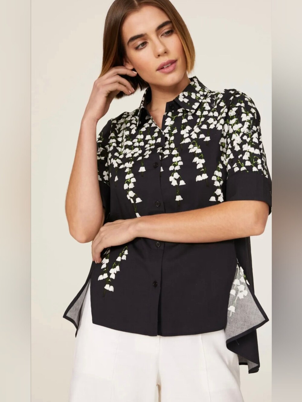 Adam Lippes Lily of the Valley Floral Button-Up Blouse | Black | Trapeze Hem | M